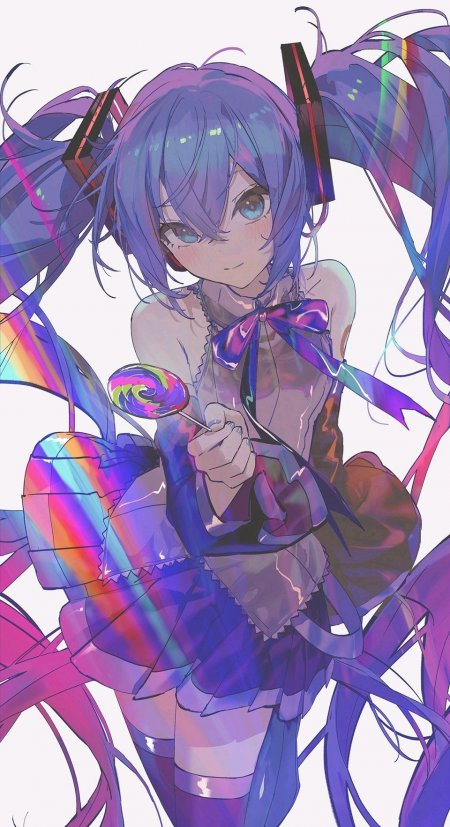 初音未来彩虹糖棒少女紫蓝动漫手机壁纸