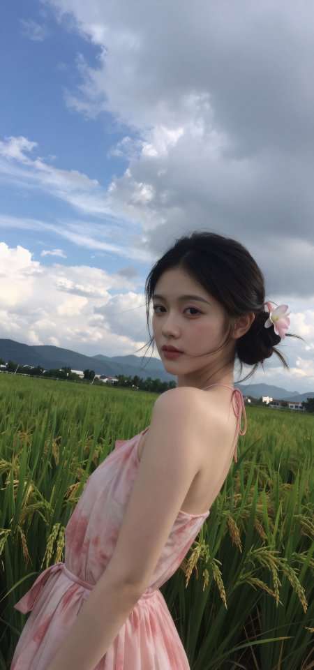 稻田少女粉裙回眸蓝白风景手机壁纸