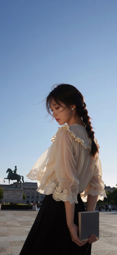 长发麻花辫少女持书侧身暖金人摄影手机壁纸