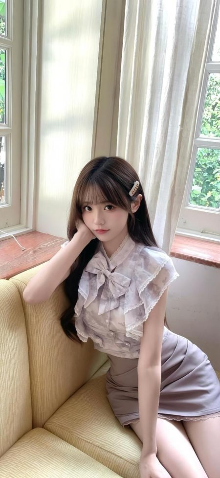 短发少女窗边倚坐浅紫蕾丝人物摄影手机壁纸