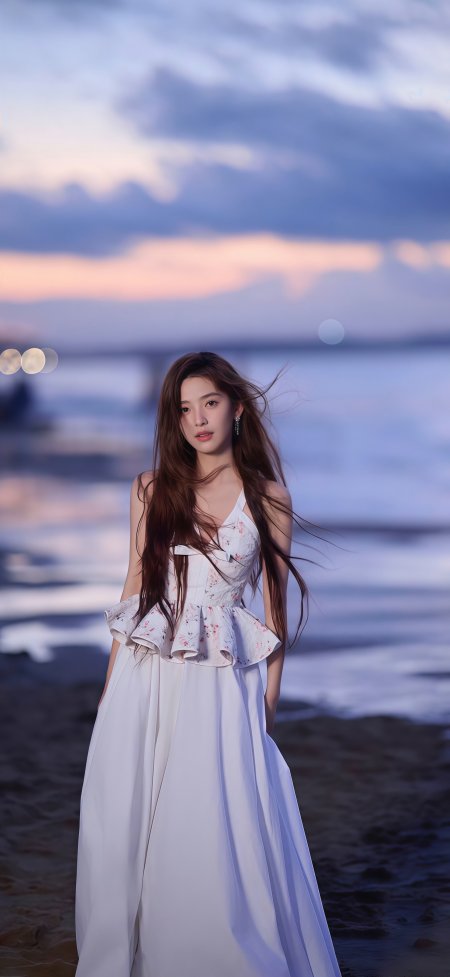 长发美女白裙海边暮色人物摄影手机壁纸