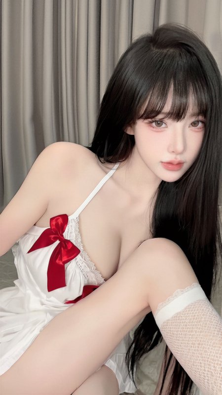 黑长直少女白裙红蝴蝶结暖粉人摄影手机壁纸