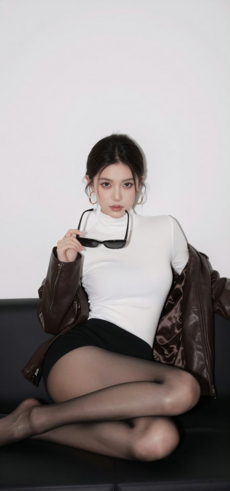白裙黑丝金环美女简约冷调人物摄影手机壁纸