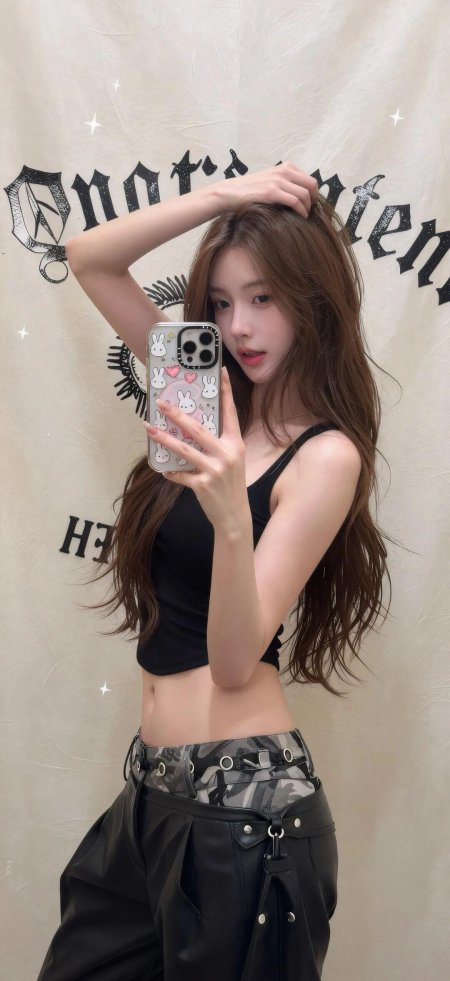 长发美女黑衣皮裤暖白人物摄影手机壁纸