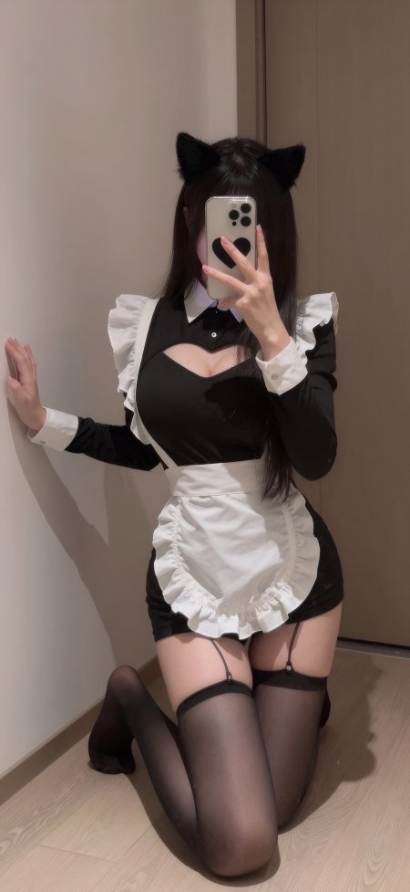 黑猫女仆装少女跪姿自拍黑白人摄影手机壁纸