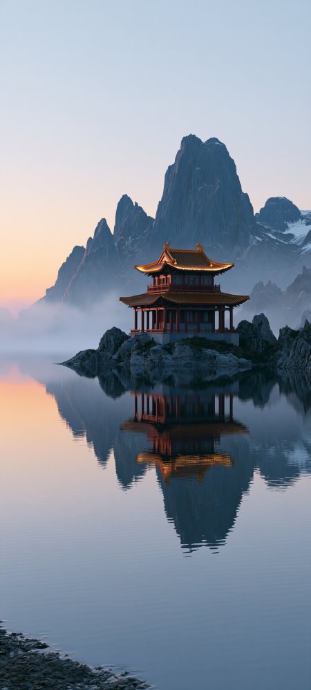 湖心古亭倒影雪山蓝金风景手机壁纸