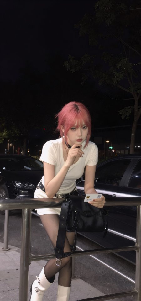 粉发少女夜街倚栏暖白人物摄影手机壁纸