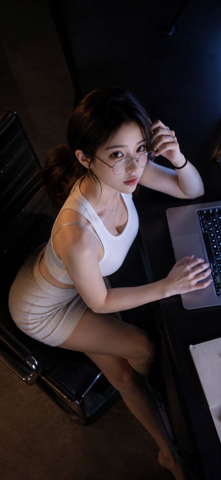 戴眼镜白裙美女夜光办公人物摄影手机壁纸
