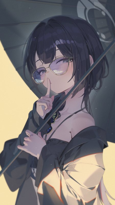 戴眼镜黑发少女持伞噤声紫灰动漫手机壁纸