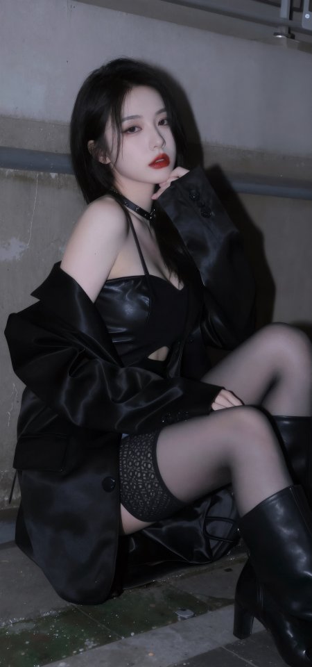 黑衣红唇少女坐姿冷调人物摄影手机壁纸