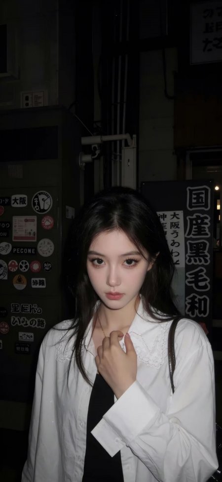 黑发少女白衬衫夜街暗调人物摄影手机壁纸