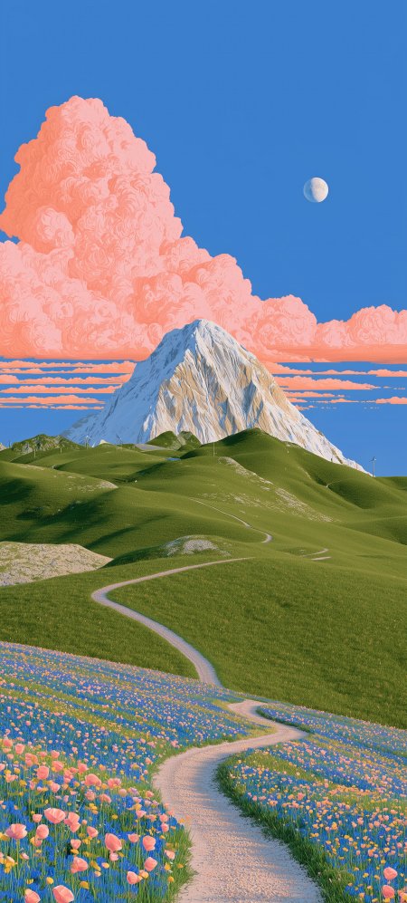 雪山绿野花海小径蓝粉风景手机壁纸
