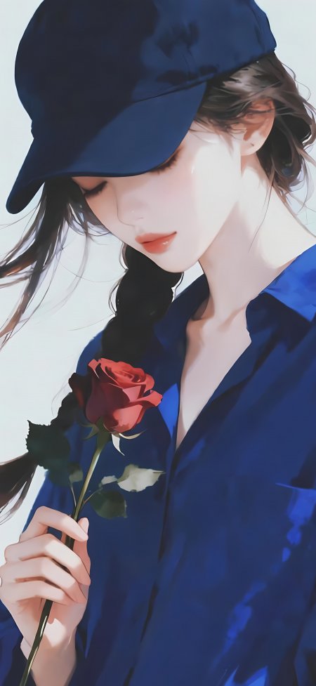 蓝帽少女持红玫瑰柔光唯美动漫手机壁纸