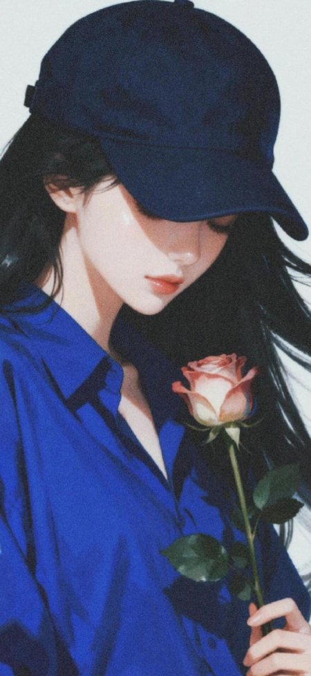 蓝帽少女持玫瑰蓝白唯美人物插画手机壁纸