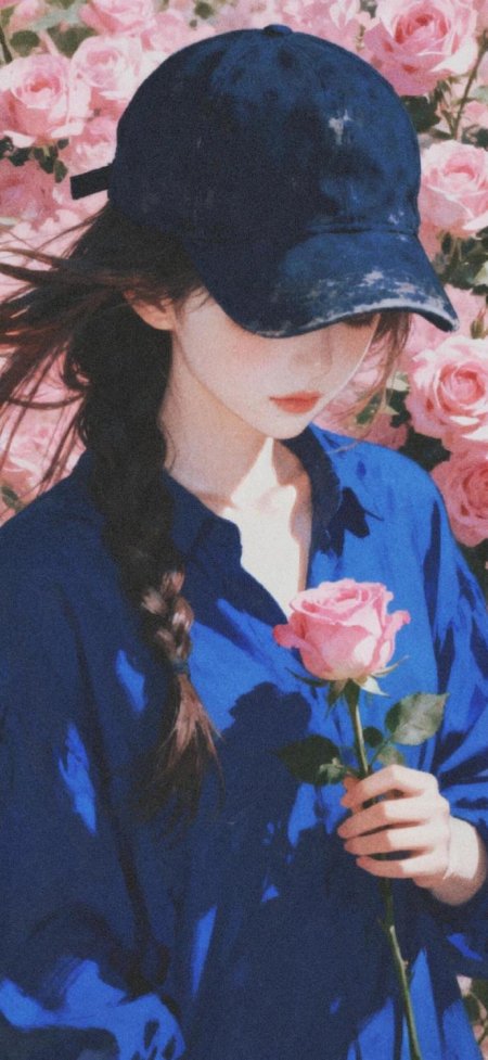 蓝衣少女持粉玫瑰粉蓝唯美人物插画手机壁纸