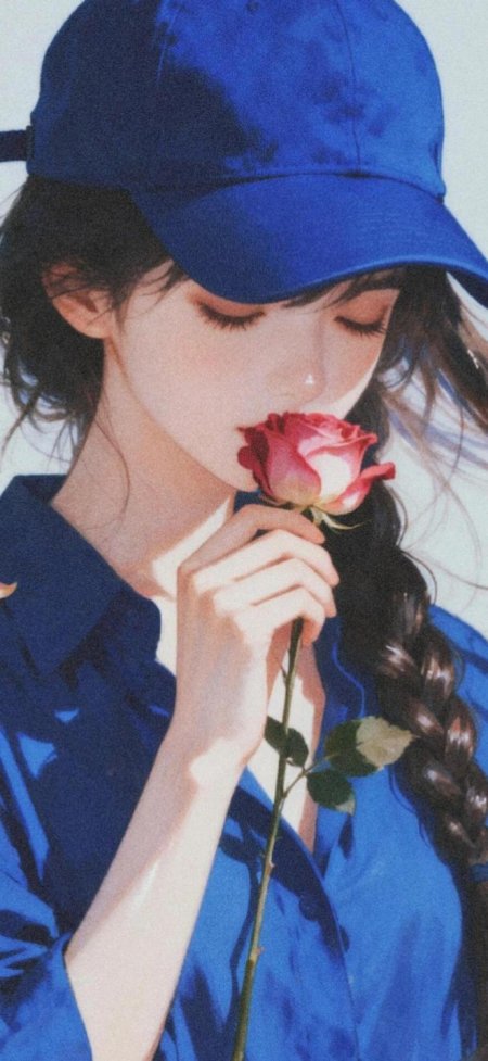 蓝帽少女持红玫瑰闭眼嗅花蓝调动漫手机壁纸