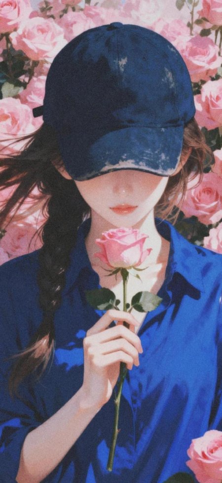 蓝帽少女持粉玫瑰粉紫动漫手机壁纸