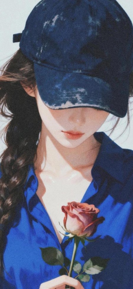 戴蓝帽少女持玫瑰蓝调唯美人物插画手机壁纸