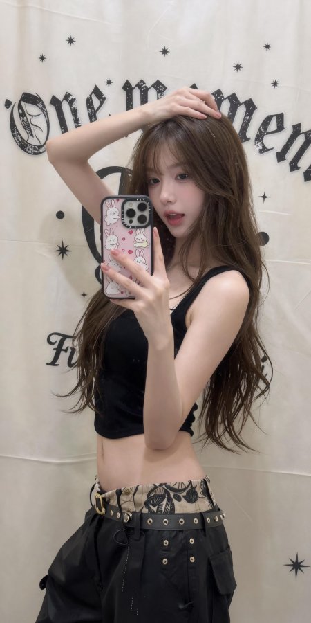 长发少女自拍黑衣露腰暖调人物摄影手机壁纸