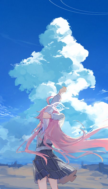 粉发少女仰望云朵蓝白动漫手机壁纸