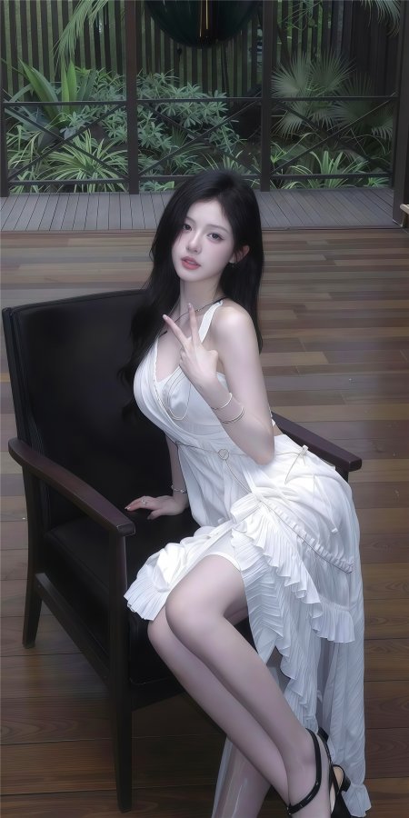 黑发白裙美女比耶坐姿暖调人物摄影手机壁纸