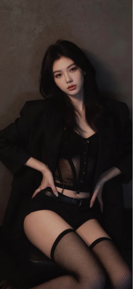 黑衣渔网袜美女暗调人物摄影手机壁纸