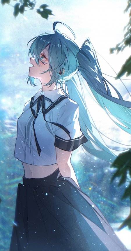 初音未来蓝发双马尾仰望星光蓝动漫手机壁纸