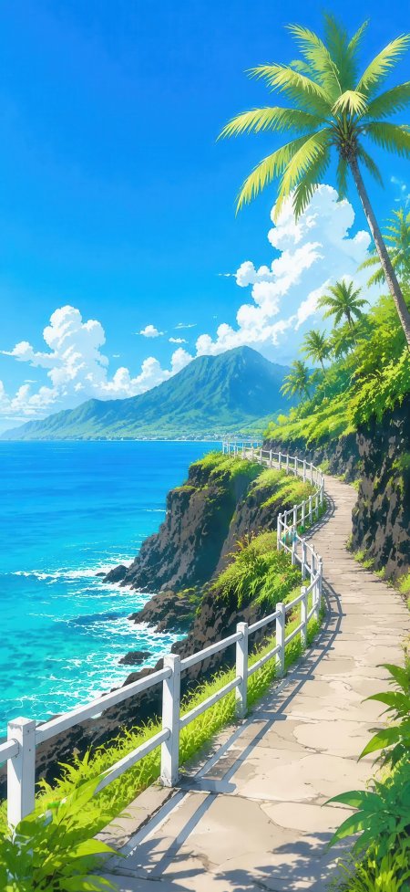 热带海岸步道碧海青山蓝白风景手机壁纸