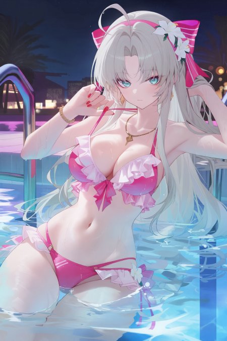 银发蓝眼少女泳池粉色比基尼粉动漫手机壁纸