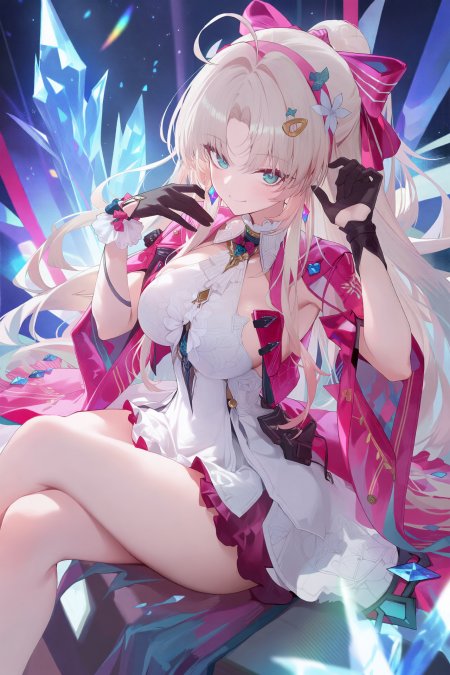鸣潮珂莱塔粉白裙水晶背景坐姿插画动漫手机壁纸