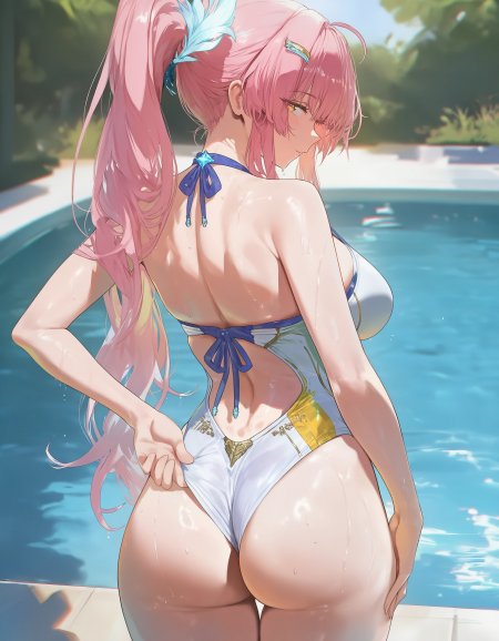 粉色长发少女泳池回眸蓝白动漫手机壁纸