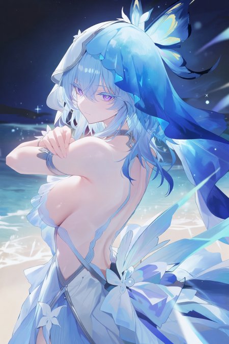 蓝发少女海边回眸蝴蝶装饰梦幻插画动漫手机壁纸