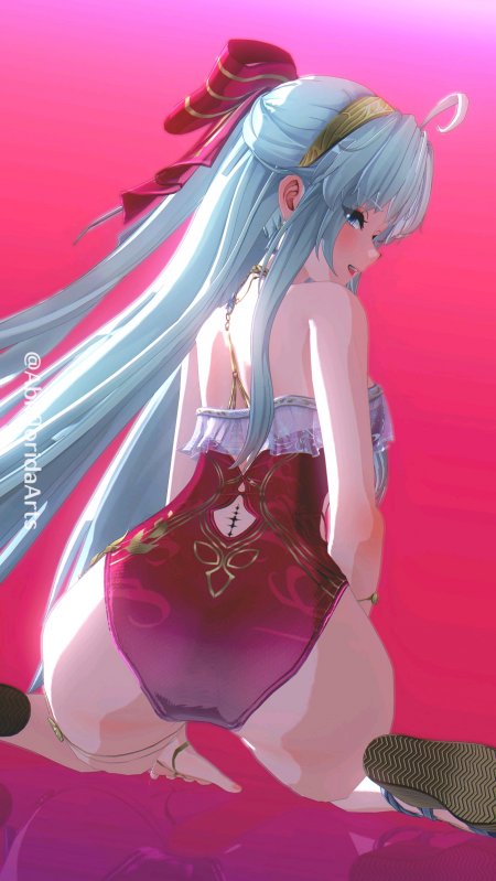 银发少女红裙侧坐粉紫动漫手机壁纸