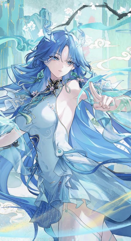 蓝发少女古风仙气青蓝奇幻手机壁纸