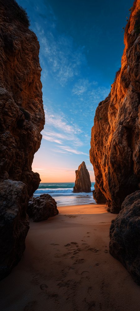 海蚀拱门夕阳沙滩蓝橙风景手机壁纸