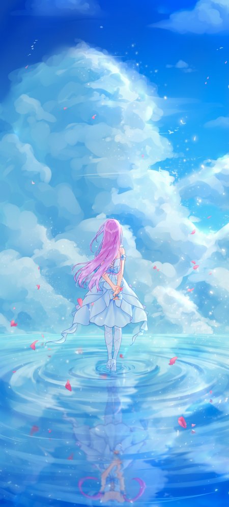 粉发少女水镜仰望蓝白梦幻动漫手机壁纸