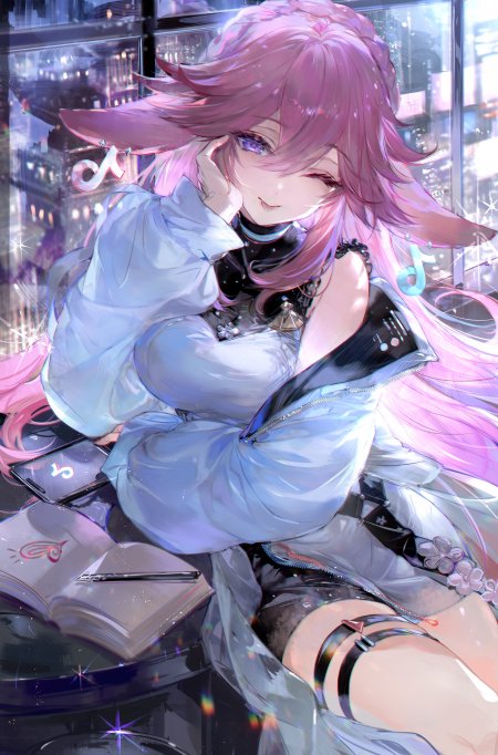 粉发少女微笑紫蓝光影动漫手机壁纸