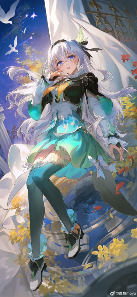 崩坏星穹铁道流萤白发绿裙星空插画动漫手机壁纸