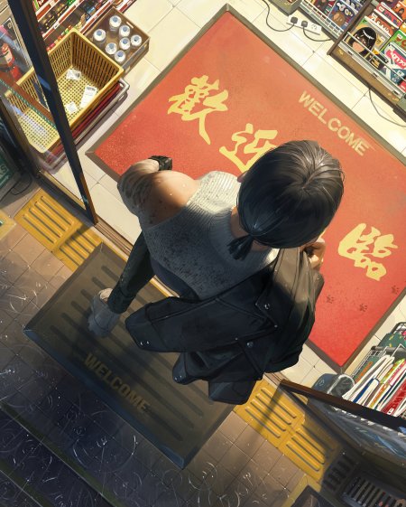 便利店门口黑发少女背影灰衣黑动漫手机壁纸