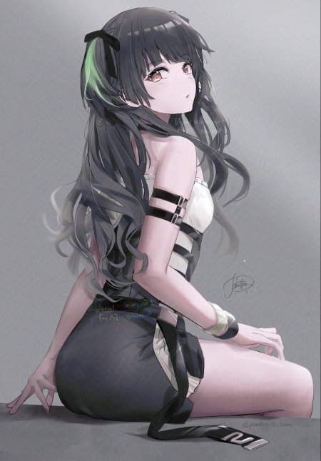 黑发绿挑染少女侧坐灰白动漫手机壁纸