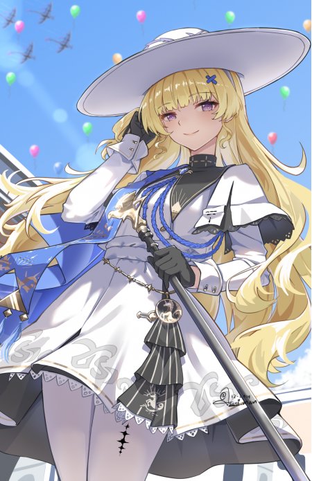 金发少女宽檐帽蓝白制服动漫手机壁纸