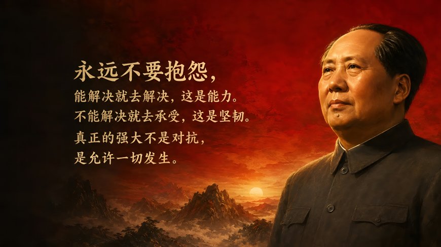 毛泽东侧脸凝望红霞山河背景红庄严红色文化人文风土电脑壁纸