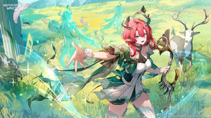 鸣潮红发少女持弓奔跑绿野奇幻动漫电脑壁纸
