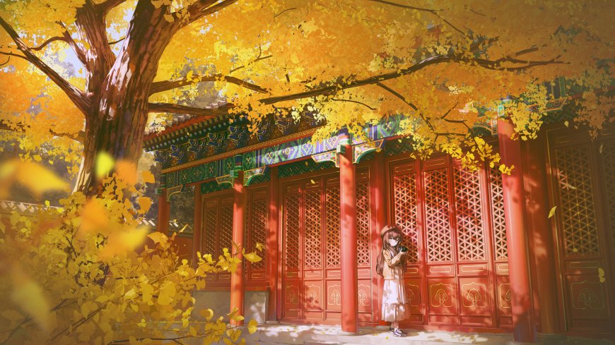 银杏古寺少女伫立金黄古风动漫电脑壁纸