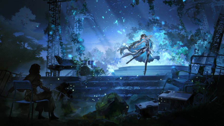 战双帕弥什露西亚废墟舞台蓝光起舞钢琴森林夜景插画电脑壁纸