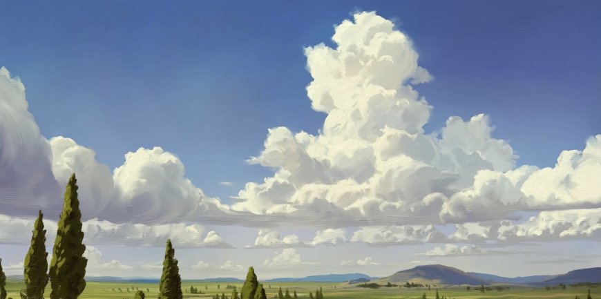 蓝天白云起伏山丘绿野绘画插画电脑壁纸