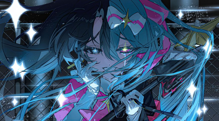 初音未来蓝发星眸闪耀粉紫动漫电脑壁纸