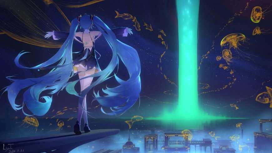 初音未来蓝发少女深海光柱奇幻动漫电脑壁纸