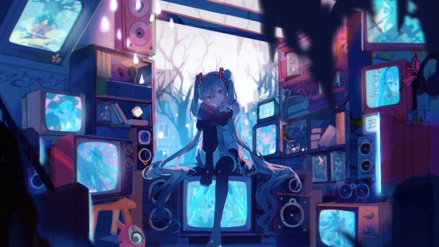 初音未来蓝发双马尾霓虹赛博动漫电脑壁纸