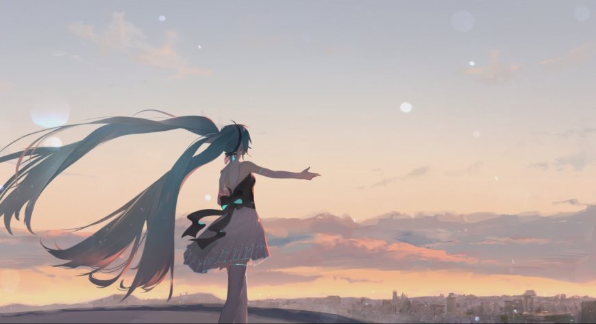 初音未来长发飞扬伸手指向远方动漫电脑壁纸